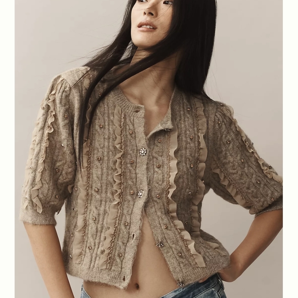Anthropologie Maeve Short Sleeve Embellished Ruffle Cardigan SZ XL, New W Tags
